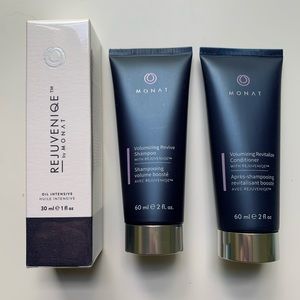 Monat Rejuvenique oil, revive shampoo, and revive conditioner.
